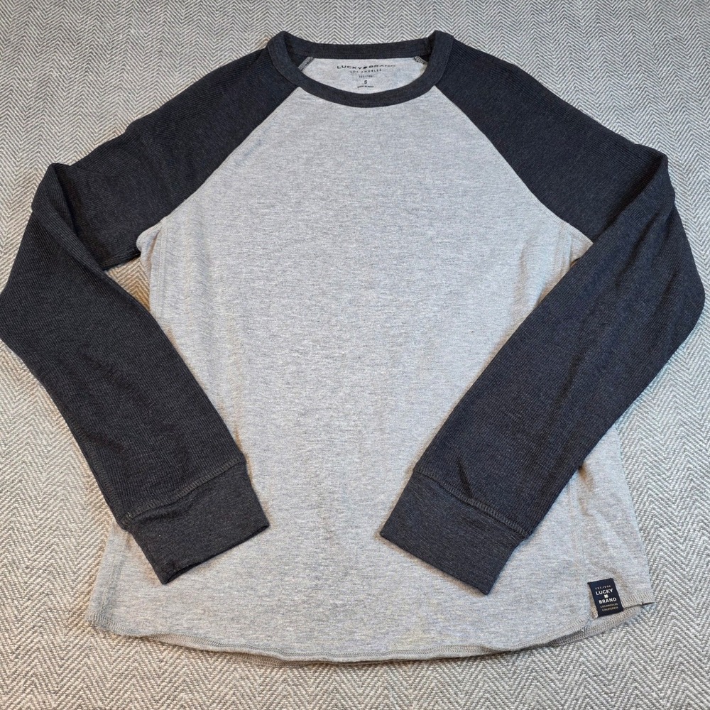 Lucky Brand Mens Small Grey Waffle Raglan Long Sleeve Baseball Tee Shirt